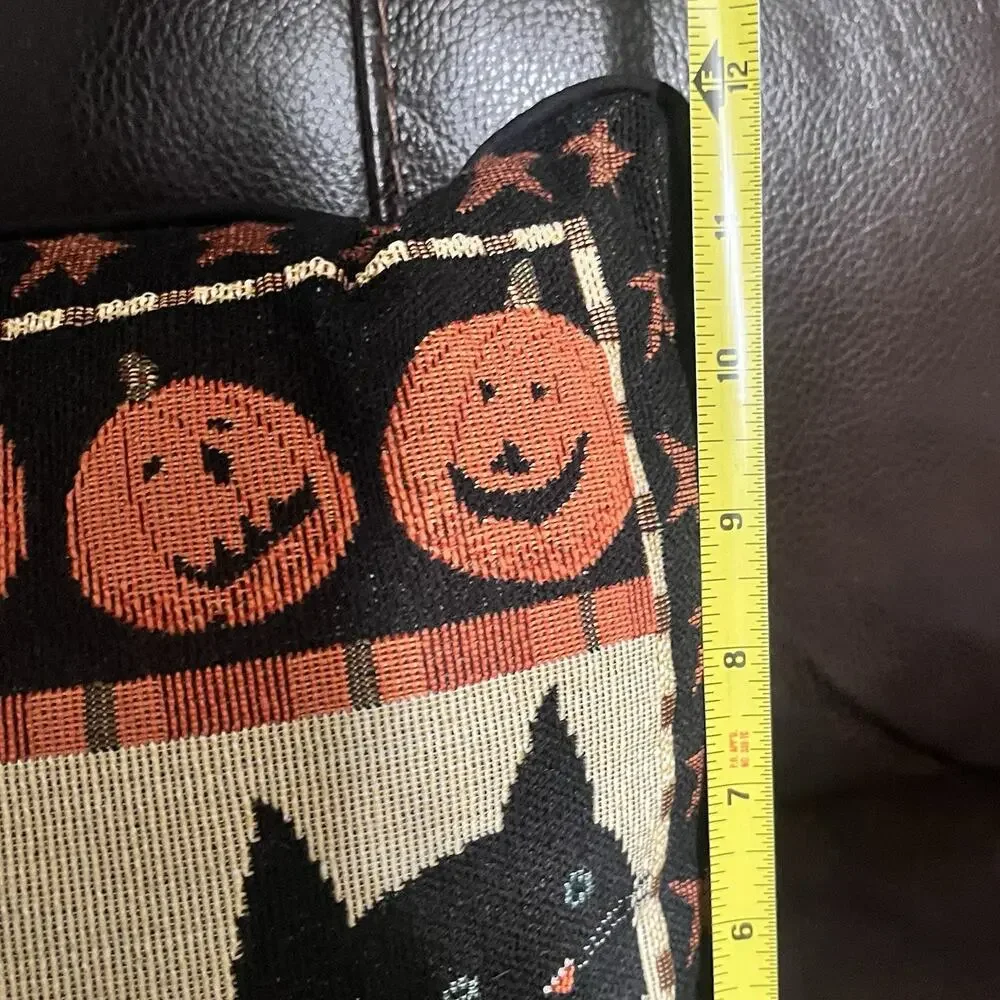 Vintage Halloween Black Cat Jack O Lantern Tapestry Throw Pillow 15x11 Decor